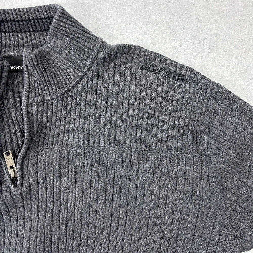 DKNY Jeans Quarter Zip Sweater Mens Large Charcoal‎ Gray Ribbed Cotton Pullover